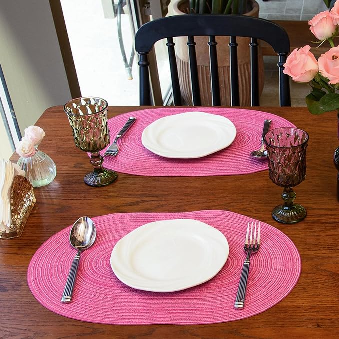 Noctiflorous Oval Braided Placemats Set of 6 Woven 12x18 Inch Non Slip Washable Heat Resistant Place Mats Tablemats for Dining Kitchen Party Daily Table Decor Dinner Mats (Hot Pink, 6)