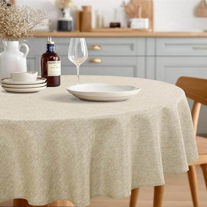 JIUZHEN Faux Linen Round Tablecloths 102 inch, Decorative Wrinkle Free Texture Rustic Circle Table Cloth Cover for Kitchen, Dining, Party, Wedding, Outdoor Use (102 Inch Round,Beige)