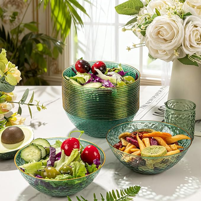 I00000 50 Pack 12 Ounce Clear Green Plastic Bowls Serving Bowls Hammered with Gold Rimmed, Heavy Duty Disposable Bowl Set,Small Bowls for St. Patrick's Day