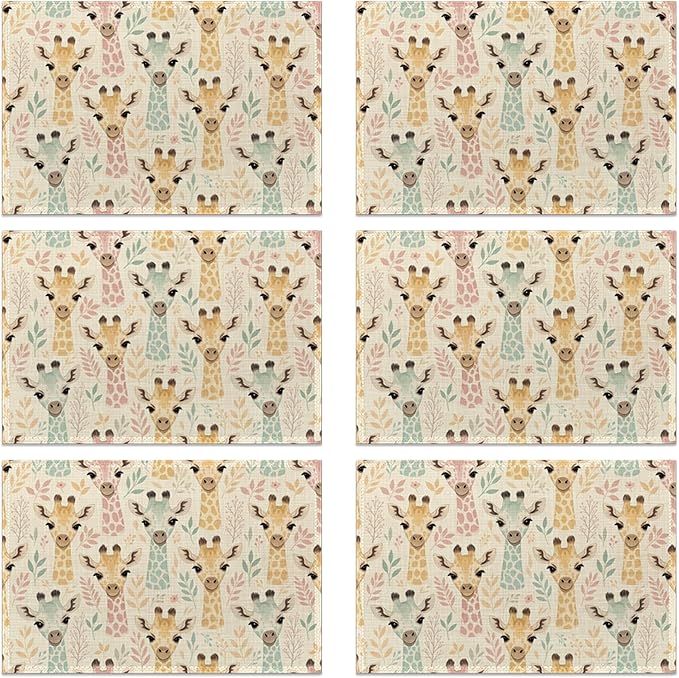 Placemats Set of 6 Watercolor Giraffe Place Mats Washable Kitchen Dining Cute Animals Linen Table Mats Stain Heat, for Home Party Indoor 12x18 in