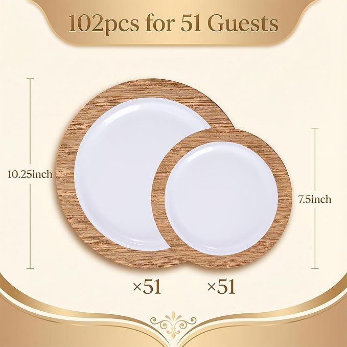 I00000 102 Pcs Wood Grain Brown Plastic Plates, Brown Party Plates Premium Plastic Disposable Plate Disposable Include 51 Dinner Platos 10" & 51 Dessert Platos 7", Elegant Wood Grain Design for Party