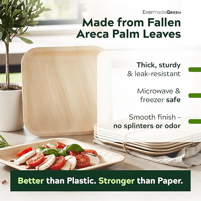 Bamboo Plates with Cutlery - Set of 50 Plates (8in) + 50 Forks + 50 Knives | Biodegradable Palm Leaf Plates | Disposable Dinner Plates | Rustic Dinnerware for Christmas, Wedding, Party
