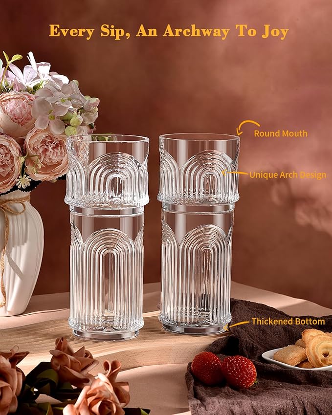 Arch Design Drinking Glasses Set of 8, Highball Glasses 15 oz and 8 oz, Ribbed Glass Cups, Cups for Kitchen, Vintage Glassware for Whiskey, Beer, Cocktail, Juice, Water