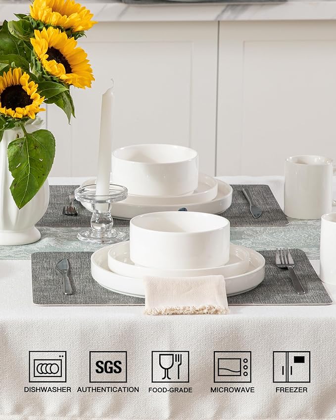 Sweejar Porcelain Dinnerware Sets for 4, 16 Pieces Ceramic Plates and Bowls Set, Classic Modern Simple Kitchen Dinner Dining Ware Set, Dishwasher and Microwave Safe Dishes Sets with Cups(Pure White)