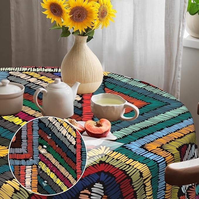 Laeacco 48 Inch Colorful Patchwork Round Tablecloth Woven Geometric Pattern Abstract Art Print Table Cloth Washable Waterproof Wrinkle Free Table Cover for Kitchen Dining Picnic Party Decoration