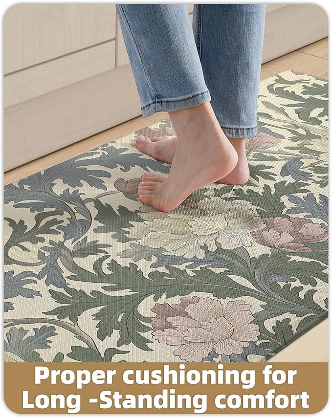 Color&Geometry Floral Kitchen Mat 24"x87", Anti Fatigue Kitchen Mats for Floor, Kitchen Rugs Non Slip, Waterproof & Oil Proof Padded Runner for Standing Desk Office, Sink - Floral Beige