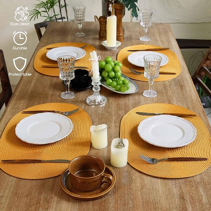 FunWheat Oval Braided Placemats Set of 6 Table Mats for Dining Tables Washable Heat Resistant Place Mats for Indoor Outdoor Use 12 x18 Inch(Oval Pumpkin, 6pcs)