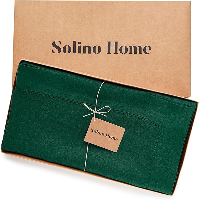 Solino Home Linen Tablecloth for Rectangle Tables 60 x 144 Inch - Classic Hemstitch 100% Pure Linen Rainforest Green Table Cloth - Machine Washable Cloth Tablecloth for Winter, St Patricks Day