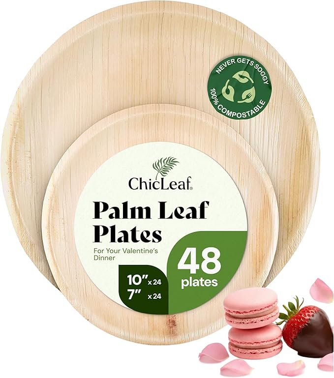 Chic Leaf Round Palm Leaf Plates - 10-Inch & 7-Inch, Pack of 48 - Compostable Disposable Bamboo Plates for Parties, Winter Cozy Dinner, Wedding & Valentine's day Romantic Candlelit Home Dining