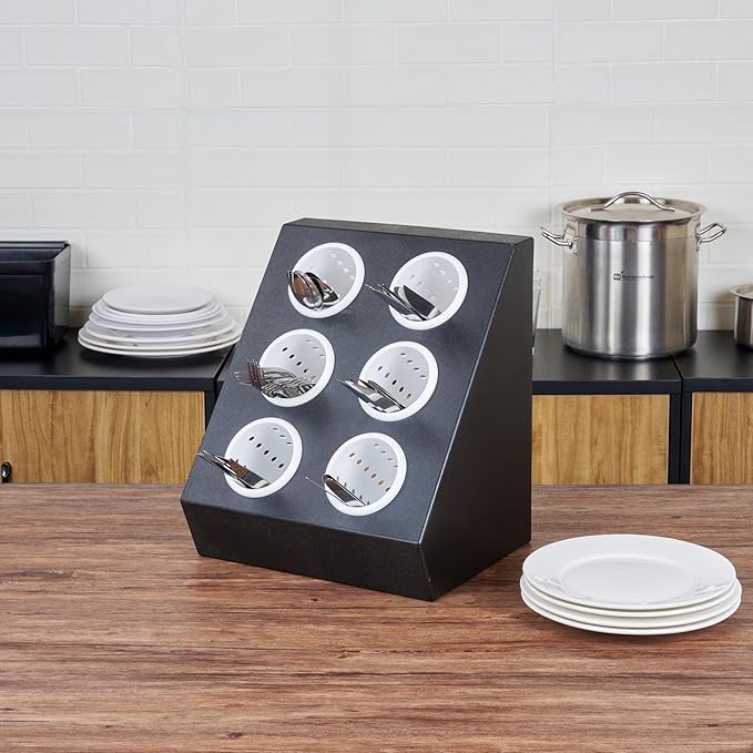 Restaurantware-Met Lux 13.78 x 11.42 x 15.94 Inch Flatware Organizer, 1 Standing Cutlery Holder - Includes 6 Plastic Cylinders, Perforated Design, Black Plastic Utensil Holder, For Breakroom