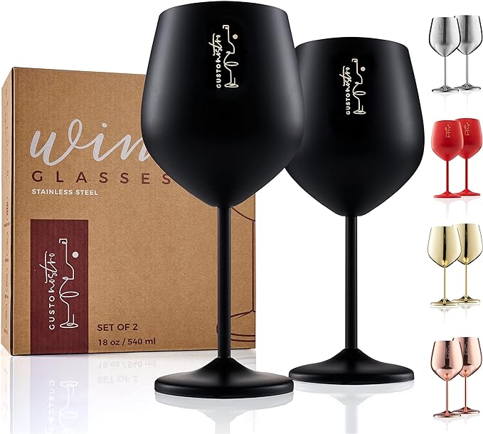 Gusto Nostro Stainless Steel Wine Glass - 18 oz - Unbreakable Black Wine Glasses for Travel, Camping and Pool - Fancy, Unique and Cool Portable Metal Wine Glass for Outdoor Events, Picnics (Set of 2)