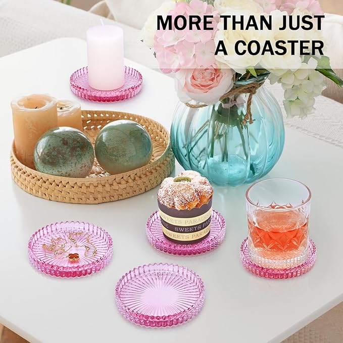 Vintage Glass Coasters, GOH DODD Set of 8 Crystal Coasters Tabletop Protection for Drinks, Home Decor, Kitchen, Living Room, Patio, Wedding, Party, Housewarming Gifts, Clear Pink