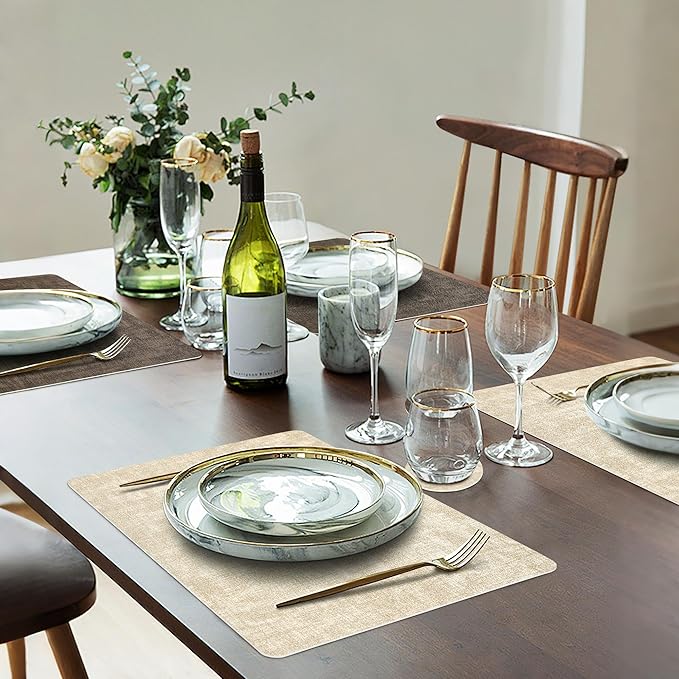 Placemats Set of 6, Faux Leather Heat Resistant Wipeable Placemats, Dual Sided Waterproof Washable Table Mats with Coaster, Suitable for Kitchen, Dining, Table Decor (6, Beige Dark Coffee)