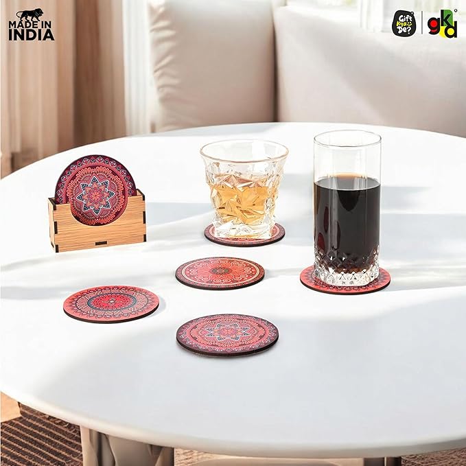 Coaster Set of 6 Fine Mandala Art Wooden Coasters with Proper Coaster Stand Set Fit for Tea Cups, Coffee Mugs and Glasses (3.5 X 3.5 Inch, Fine Mandala Design) Rangoli