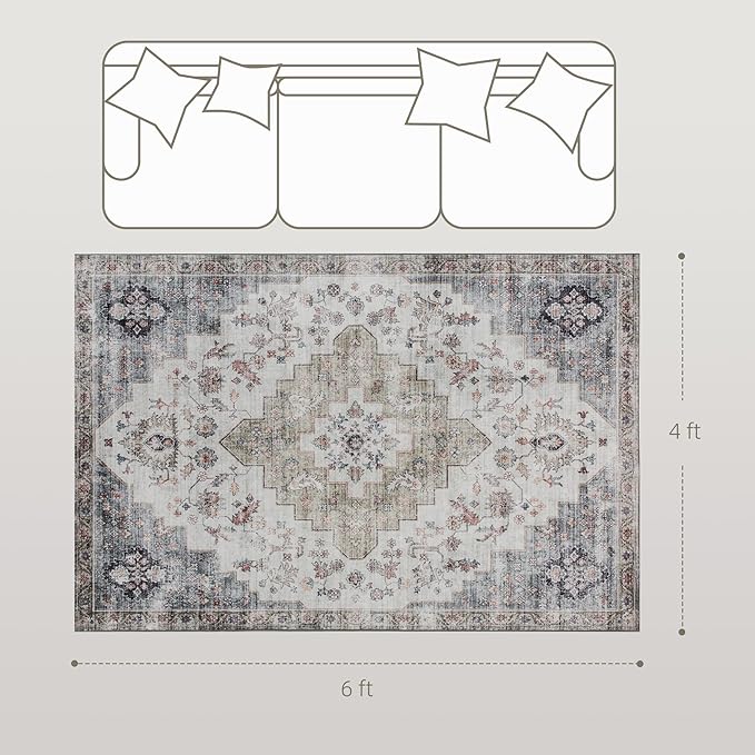 HOMCOM Washable Area Rug, 4'x6' Vintage Indoor Distressed Carpet, Retro Floor Cover Foldable, Floral Print Mat for Living Room, Bedroom, Dining Room, Brown and Green