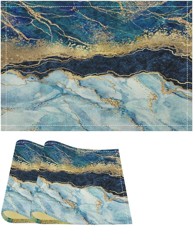 Marble Linen Placemats Set of 2, Modern Abstract Foil Texture White Blue Gold Marble Washable Cloth Place Mats, Non-Slip Dining Table Placemats for Home Kitchen Party Banquets Decor 12x17 Inch