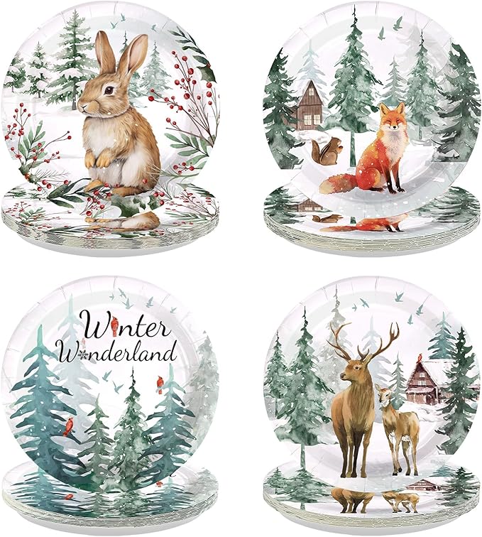 60Pcs Winter Woodland Animals Disposable Paper Plates 9” Winter Wonderland Heavy Duty Paper Plates with Bunny Fox Deer Patterns for Christmas Holiday Party Supplies Decorations