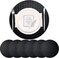 PIGCHCY Round 15" Water-Resistant Placemats Set of 6, Premium Faux Leather Placemats PVC Easy Clean Table Mats for Hotels Outdoor Dining, Wedding Decor (Black)