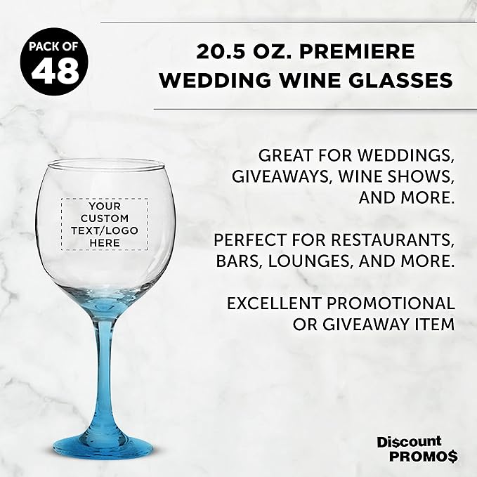 Custom Premiere Wedding Wine Glasses 20.5 oz Set of 48, Personalized Bulk Pack - Restaurant Glassware, Perfect for Red Wine or White Wine - Blue