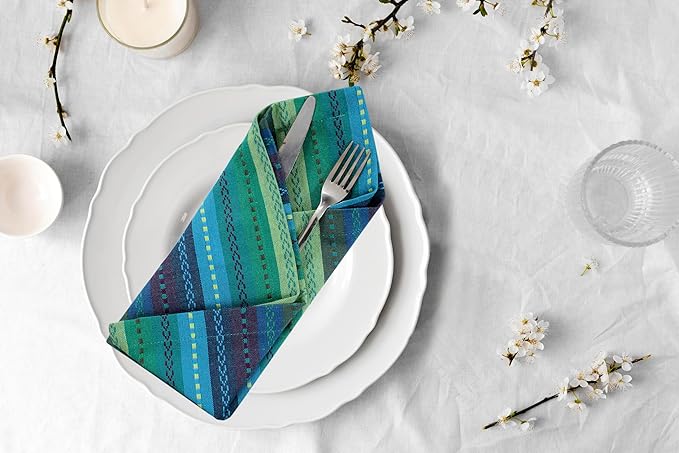 ACCENTHOME 100% Cotton Salsa Stripe Napkin Set of 6 18x18 inch Blue/Teal Multicolour Dinner Napkins -Washable Soft Premium Hotel Quality Napkins Perfect Table Linen for Family Dinners Weddings
