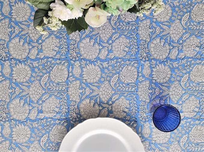 ATOSII Azora Blue 100% Cotton Rectangle Summer Tablecloth, Handblock Floral Table Cloth for Dining Table I Parties Wedding Outdoors I Grand Millennial Decor 60 X 108 Inches I 8 Seater Memorial Day