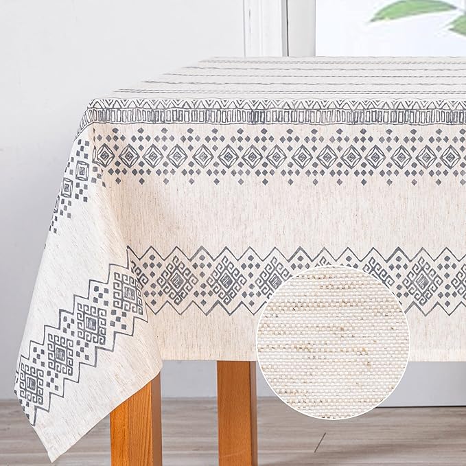 MYSKY HOME Boho Rectangle Tablecloth 60x120 Inches Linen Farmhouse Tablecloth Waterproof Decorative Fabric Table Cloth for Kitchen Dining Bohemian Tablecloth for 8 Feet Table, Grey Tablecloth