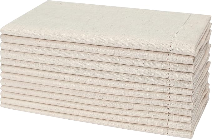 Flax Linen Christmas Cloth Napkins Set of 12 - Washable and Reusable Hemstitched Dinner Cloth Napkins Everyday, Hotel, Events, Parties, Christmas Napkin Cloth 18x18 Inch Natural Color
