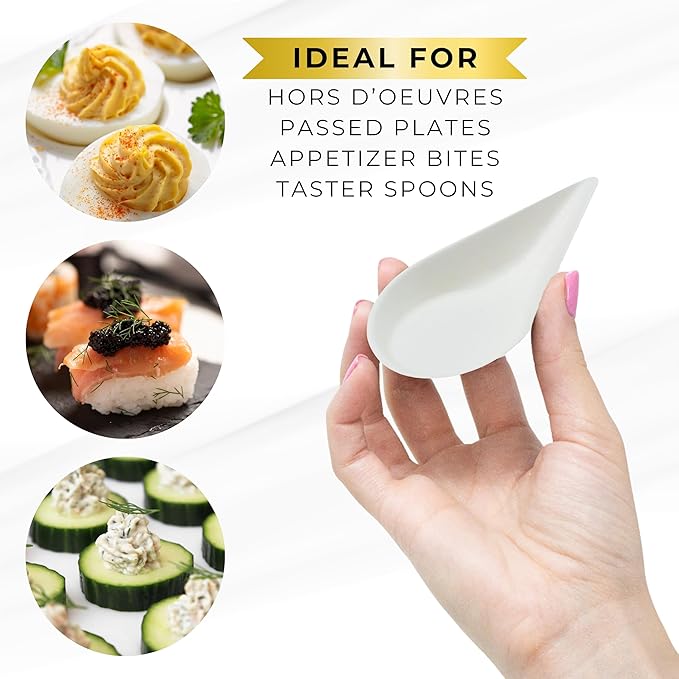 50 Pack Tiny Sugarcane Tear Spoon White Mini Eco-Friendly Tear Drop Serving Tray Disposable Plates Mini Appetizer Plates Sustainable Eco-Friendly Catering Supplies for Weddings CMJJ