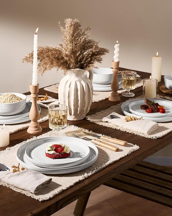 Plates and Bowls Sets for 6 (18-Piece) Stoneware Reactive Glaze Dinnerware with Speckles & Spirals, Chip and Scratch Resistant Flared Dishes Set with Gift Box, Microwave Dishwasher Safe, White