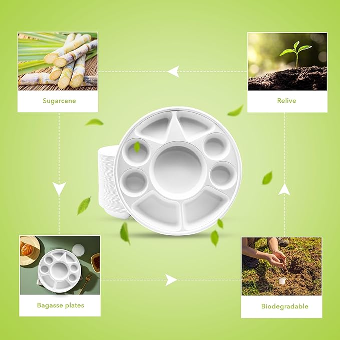 three leaf 9 Compartment Bagasse Round Plate, 25 Ct. Heavy-Duty- Super Strong- Natural- Eco-Friendly Disposable Bagasse Plates, 100% Biodegradable