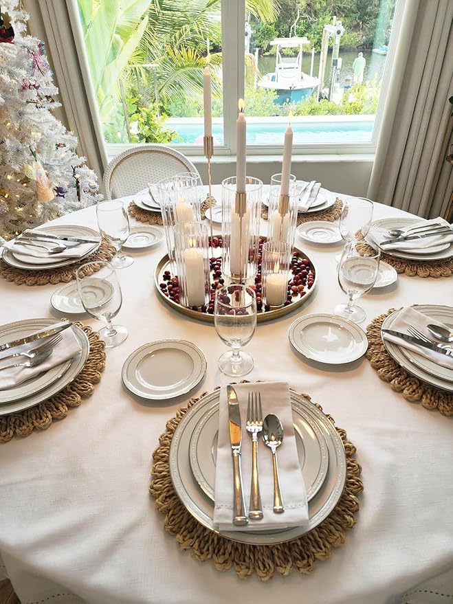 13.8" Round Corn Husk Placemats | Boho Woven Rattan Table Mats | Natural Spring Farmhouse Plate Chargers | Handmade Rustic Wicker Place Mats for Christmas Wedding (Set of 8)
