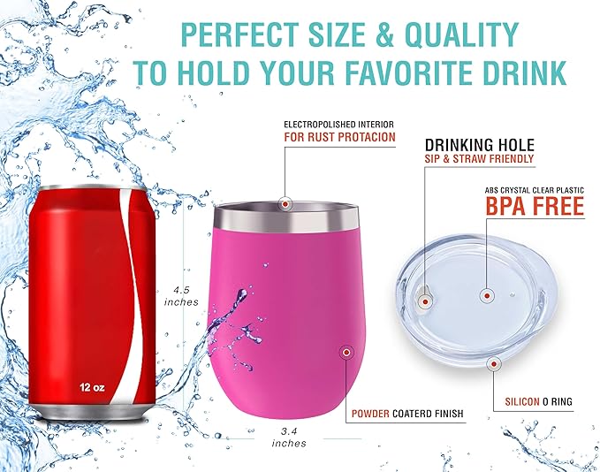 CHILLOUT LIFE 12 oz Stainless Steel Wine Tumblers 2 Pack - Double Wall Vacuum Insulated Wine Cups with Lids and Straws Set for Coffee, Wine, Cocktails - Hot Pink