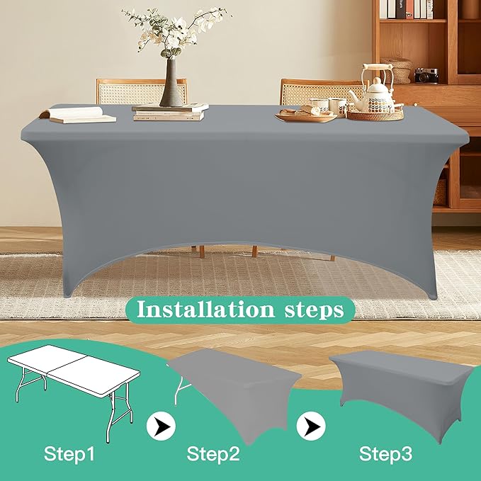 6Pack 8FT Table Cloth for Rectangular Fitted Events Stretch Grey Table Covers Washable Spandex Tablecloth Protector for Party, Wedding, Cocktail, Banquet, Festival