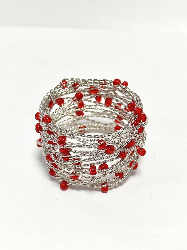 Silver Red Beaded Napkin Ring Set of 12 - Beautiful Fancy Elegant Decorative Napkin Holder for Dinner Table Decoration, Christmas, Farmhouse, Wedding, Party, Family Gathering, New Year & Everyday Use