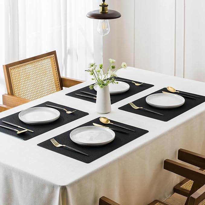 Jovono Faux Leather Placemats Set of 8, Waterproof Washable Table Mats, Easy-Clean Heat Resistant Kitchen Vinyl Place Mat for Dining Table, Restaurant, Indoor, 17.8"x11.8", Black