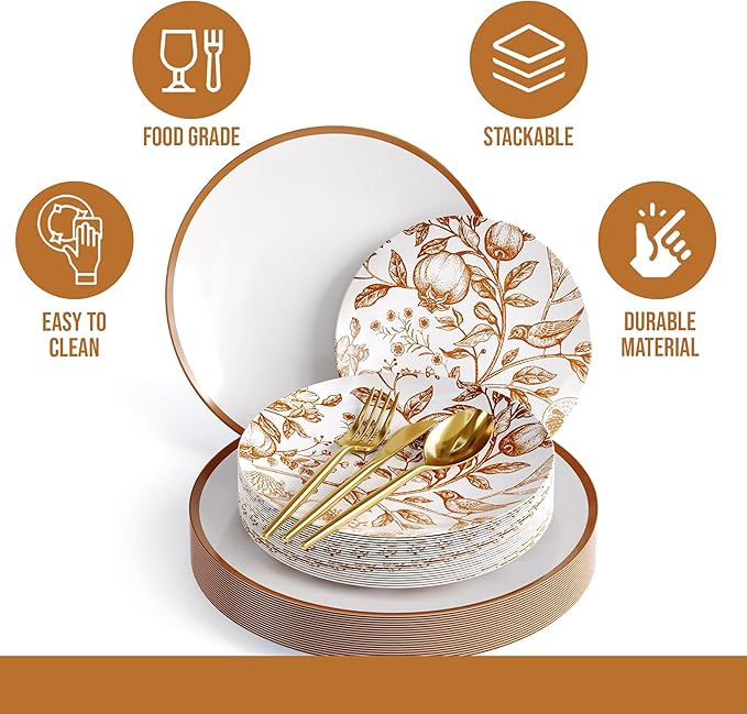 Trendables Fancy Plastic Dinnerware Sets 200 Pc Set 40 Guests Gold Silverware Disposable 40 X 10 Inch Charger Plates 40 X 8 Inch Dessert Plates 40 x Gold Plastic Forks and Spoons Knives In Pomegranate