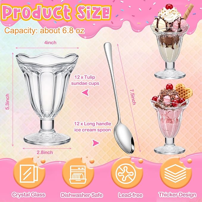 12 Pcs Glass Dessert Cups Set, 6.8 oz Clear Tulip Sundae Cups with Long Handle Spoons, Footed Parfait Trifle Glasses for Valentine's Dessert, Date Night Fruit Cocktail