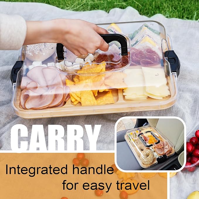 Portable Charcuterie Board with Locking Lid | 5-Compartment Bamboo Cheese Board & Serving Tray | Essential for Travel & Picnics | Ideal Housewarming Gift for New Home, Wedding