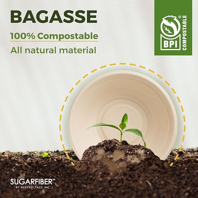 [125 Count]Harvest Pack Compostable Paper Bowls, 16oz PFAS FREE Round Biodegradable Soup Bowl, Heavy-Duty Eco-Friendly Disposable Bowls, Sugarcane Bagasse Natural plant fibers, Alternative to Plastic