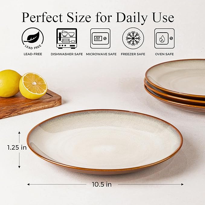 LERATIO Ceramic Dinner Plates Set of 6, 10.5 Inch Handmade Reactive Glaze Porcelain Plates, Coupe Shape Dinnerware Dishes Set for Kitchen,Oven& Microwave & Dishwasher Safe, Scratch Resistant-Kakhi