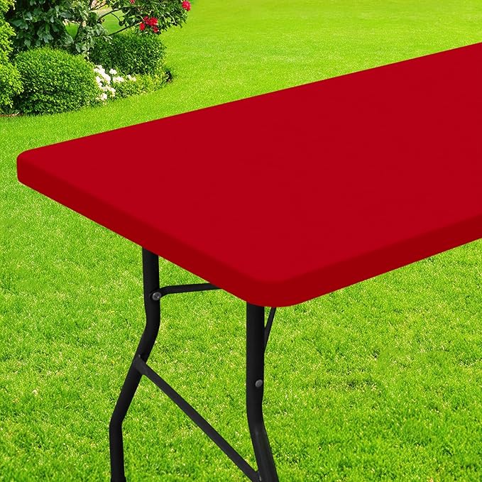 Smiry Rectangle Picnic Table Cloth, Waterproof Elastic Fitted Tablecloths for 6 Foot Tables, Washable Polyester Table Cover for Camping, Indoor and Outdoor (Red, 36"x72")