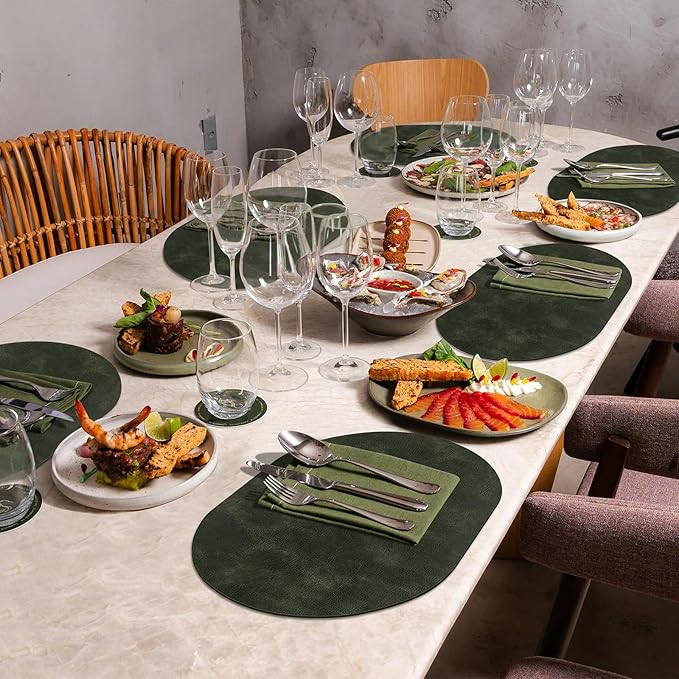 ADRIMER Placemats, Heat Resistant Oval Placemats Set of 8 Washable 12 x 17 Inch, Waterproof Table Mats, Wipeable Pu Place Mats for Kitchen, Dining Room, Olive Green