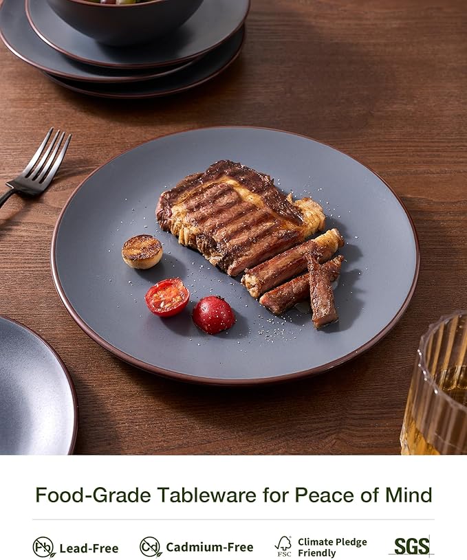 Famiware Venus Speckled Dinnerware Set with Pasta Bowls, Service for 4 (16 Pieces), Stoneware Plates and Double Bowls Sets, Microwave & Dishwasher-Safe Dishes with Trim, Matte Charcoal
