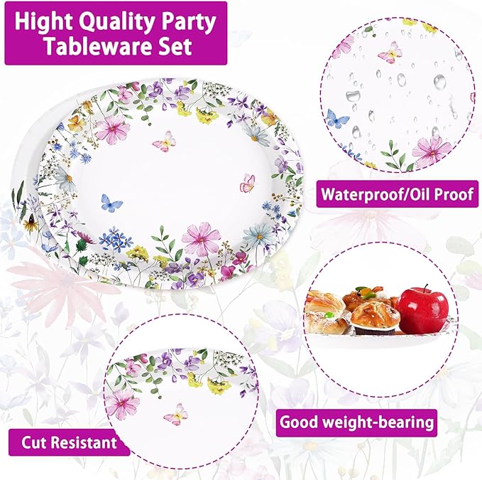 50Pcs Wildflower Oval Paper Plates 10" x 12" Heavy Duty Disposable Watercolor Flowers Butterfly Party Plates Floral Dessert Platters for Wedding Wildflower Baby Shower Birthday Picnic Party Supplies