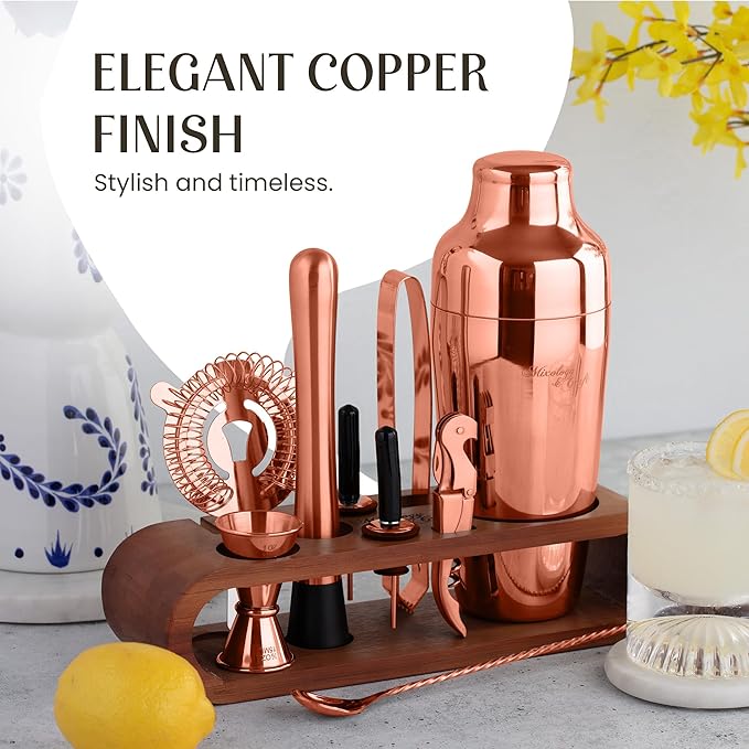 Mixology & Craft Cocktail Shaker Set with Dark Bamboo Stand - Professional 10-Piece Bartender Kit - Complete Bar Set & Cocktail Mixer Kit for Home (Copper)