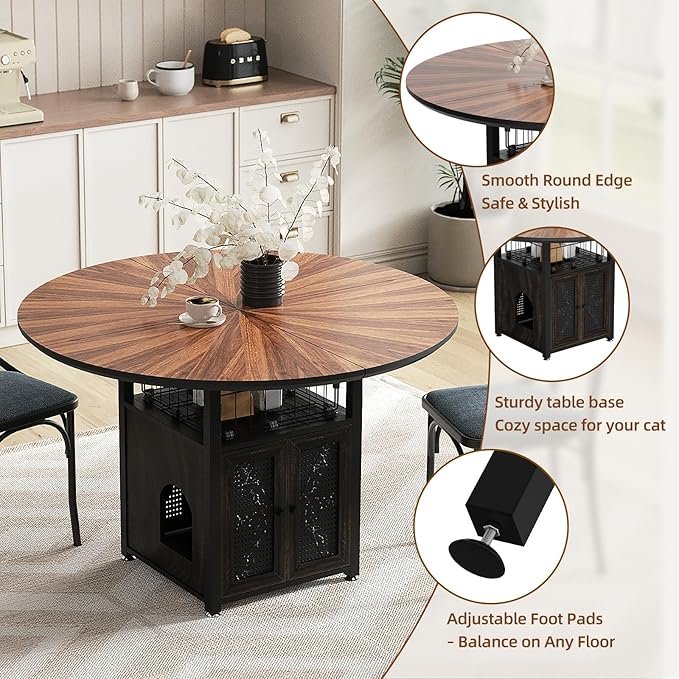 47" Round Dining Table Set for 4-6 People, Large Farmhouse Kitchen Dining Table Set with Chairs and Storage Rack, Metal Base Round Table for Home Dining Room Living Room (Cat table and 4 black chairs)