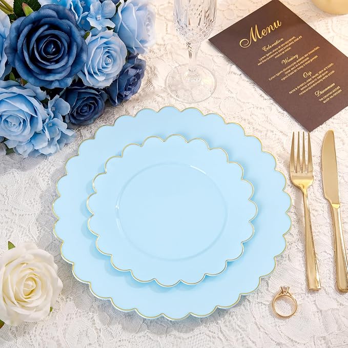 LIYH 120 Pcs Baby Blue Plastic Plates with Gold Edge - Disposable Light Blue Scalloped Baby Shower Plastic Plates Includes 60 Dinner Plate 10.25" & 60 Dessert Plate 7.5" for Birthday Party