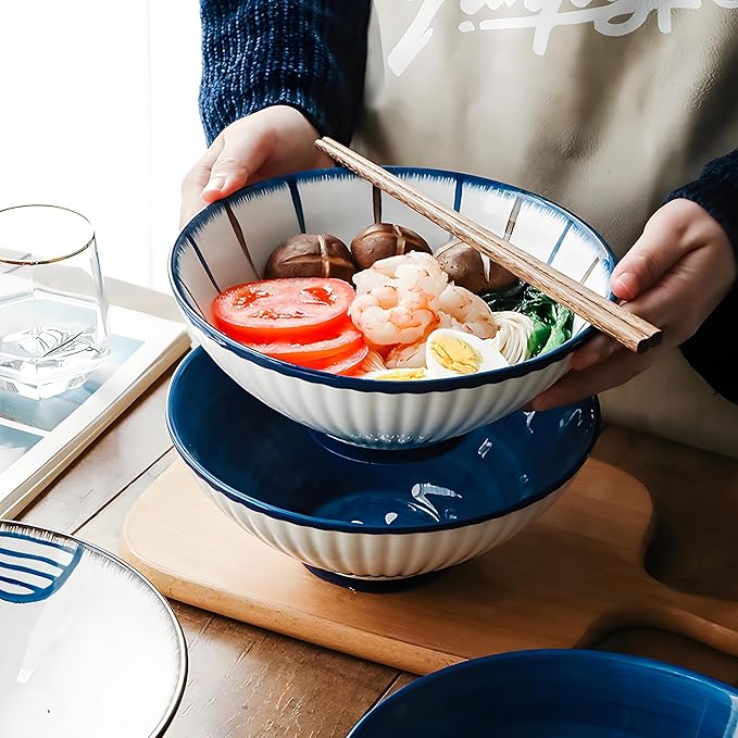 Porcelain 8 Inch Ramen Bowls Set of 4, 38 Oz Ceramic Soup Bowls for Udon, Soba, Noodles and Soup, Ideal for Japanese Cuisine Home Kitchen Dining, Blue and White