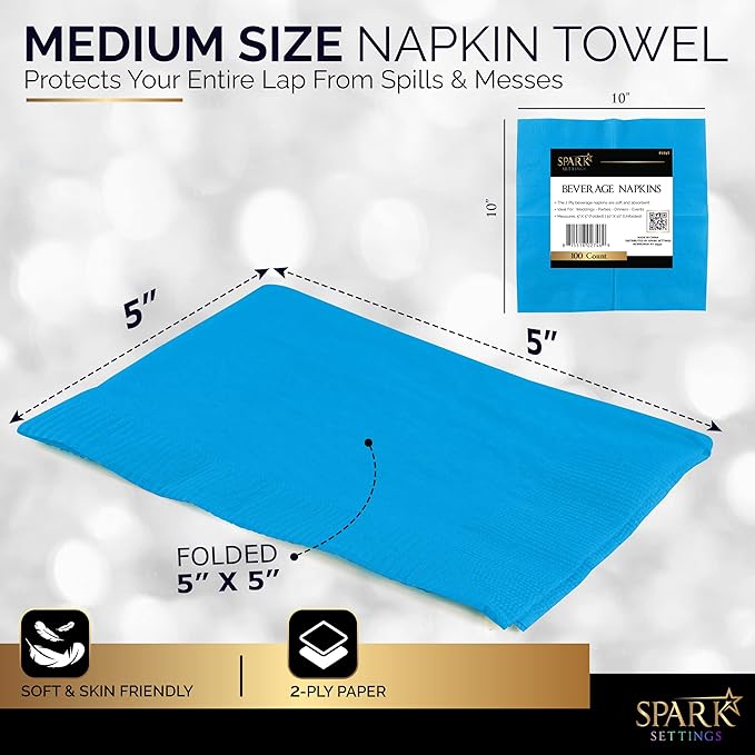 Big Party Pack 100 Count Caribbean Blue Beverage Napkins - Ideal for Wedding, Party, Birthday, Dinner, Lunch, Cocktails. (4” x 4”)