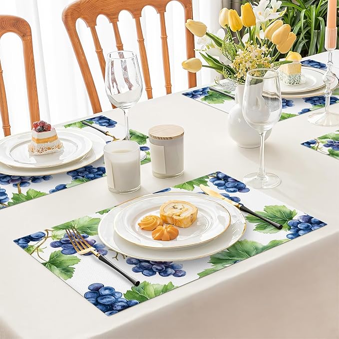 Grape Placemats Set of 6, Blue Grapes Place Mats, Fruit Waterproof Washable Table Mats for Home Party Indoor Kitchen Dining Table Decoration 12x18 Inch